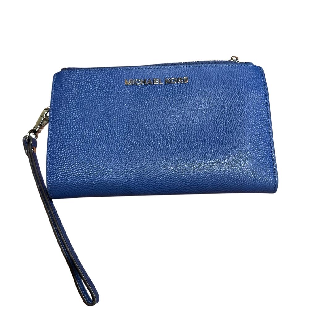 Michael Kors Jet Set Wristlet Travel Double Zip Phone Wallet Royal Blue Phone